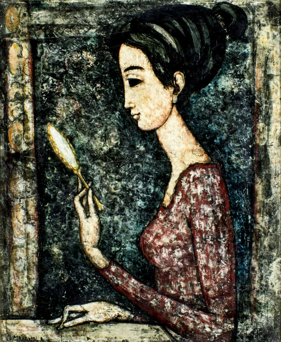 Enrico Campagnola (Italy,1911-1984) oil painting: ARTIST: Enrico Campagnola (Italian, France, 1911 - 1984) NAME: Woman with Hand Mirror MEDIUM: oil on canvas CONDITION: Some craquelure. No visible inpaint under UV light. SIGHT SIZE: 24 x 20 inches / 