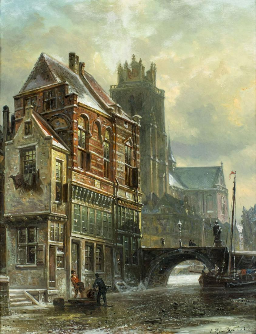 Elias Pieter Bommel (Dutch,Austrian,1819-1890) oil: ARTIST: Elias Pieter Van Bommel (Netherlands, Austria, 1819 - 1890) NAME: Winter Dutch Cityscape YEAR: 1887 MEDIUM: oil on board CONDITION: Very good. Very minor inpainting in the sky area. Wear to fr