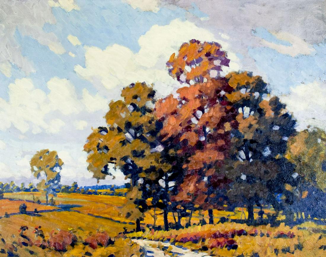 Herman Peterson (IL,WI,1892-1969) oil painting antique: ARTIST: Herman Peterson (Illinois, Wisconsin, 1892 - 1969) NAME: Autumn Landscape MEDIUM: oil on board CONDITION: Very good. No visible inpaint under UV light. SIGHT SIZE: 22 x 28 inches / 55 x 71 cm 