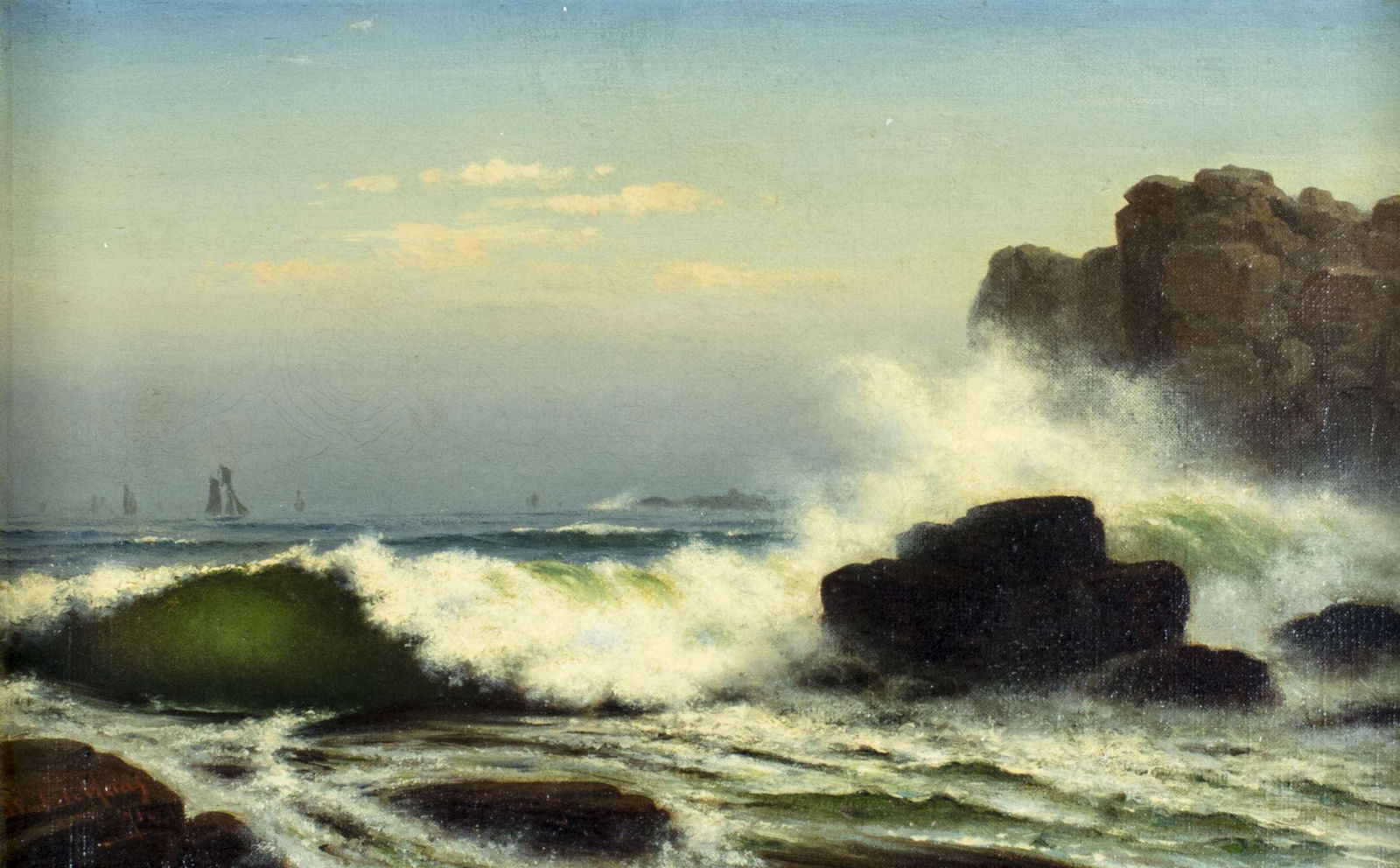 William De Haas (Dutch,ME,1830-1880) oil painting: ARTIST: William Frederick De Haas (Maine, Netherlands, 1830 - 1880) NAME: Seascape YEAR: 1871 MEDIUM: oil on canvas CONDITION: Missing one flake of paint. Very minor craquelure. No visible inpaint und
