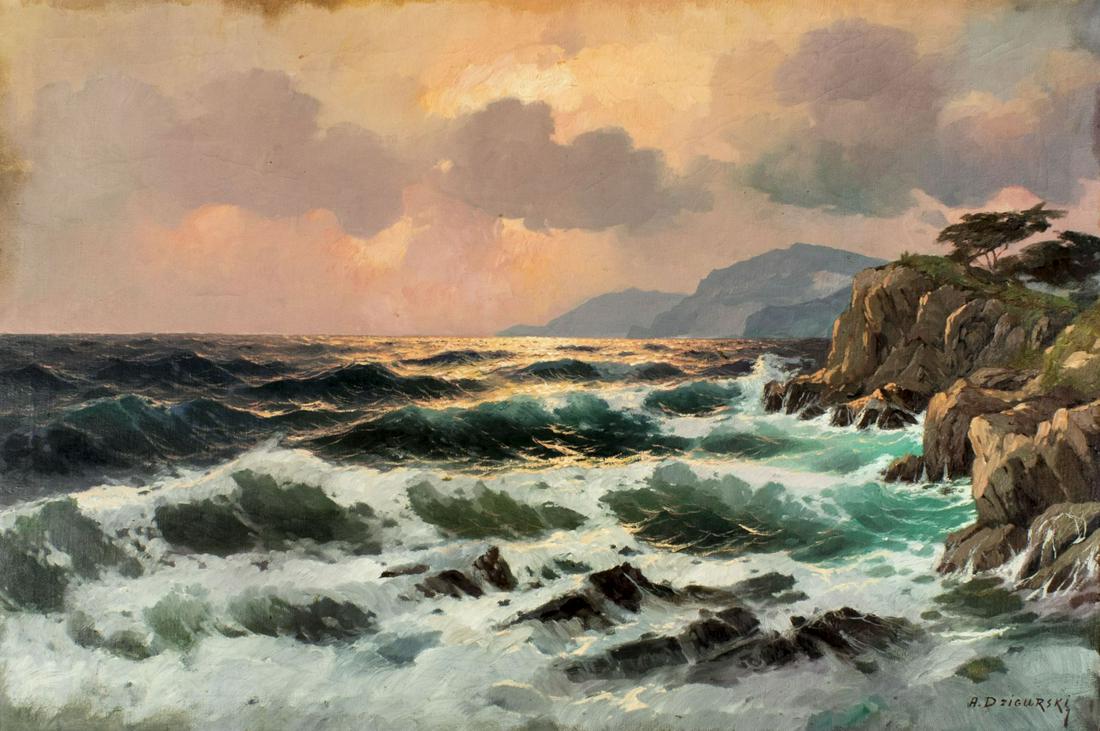 Alexander Dzigurski (CA,1911-1995) oil painting: ARTIST: Alexander Duzigurski (California, 1911 - 1995) NAME: Seascape MEDIUM: oil on canvas CONDITION: Some craquelure. No visible inpaint under UV light. SIGHT SIZE: 24 x 36 inches / 60 x 91 cm FRAME