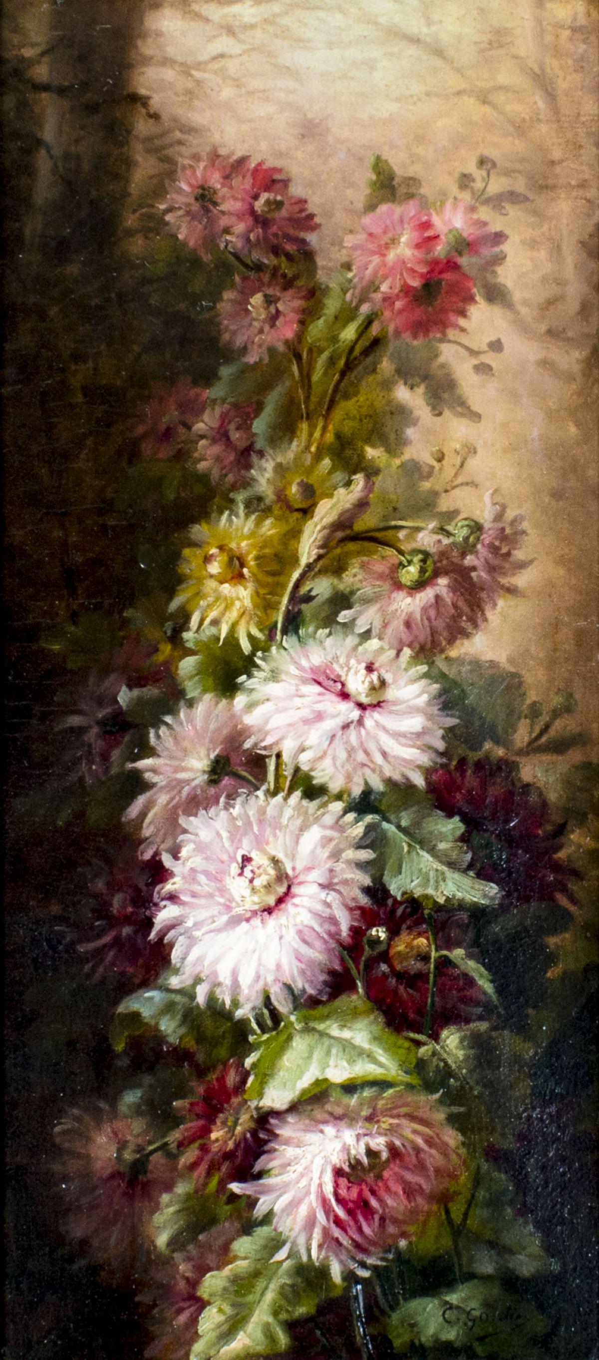Clement Gontier (French,1876-1918) oil painting antique: ARTIST: Clement Gontier (France, 1876 - 1918) NAME: Still Life with Flowers MEDIUM: oil on canvas CONDITION: Minor craquelure. No visible inpaint under UV light. Minor damages to frame. SIGHT SIZE: 22