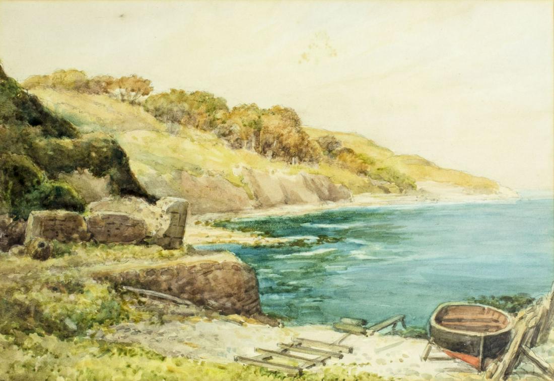 John Crawford (UK,19/20C) watercolor painting antique: ARTIST: John Alexander Crawford (British, 19/20 century) NAME: Landscape - Castle Haven YEAR: circa 1925 - 1930 MEDIUM: watercolor on paper CONDITION: Minor foxing in the sky area. Some age toning. Fr