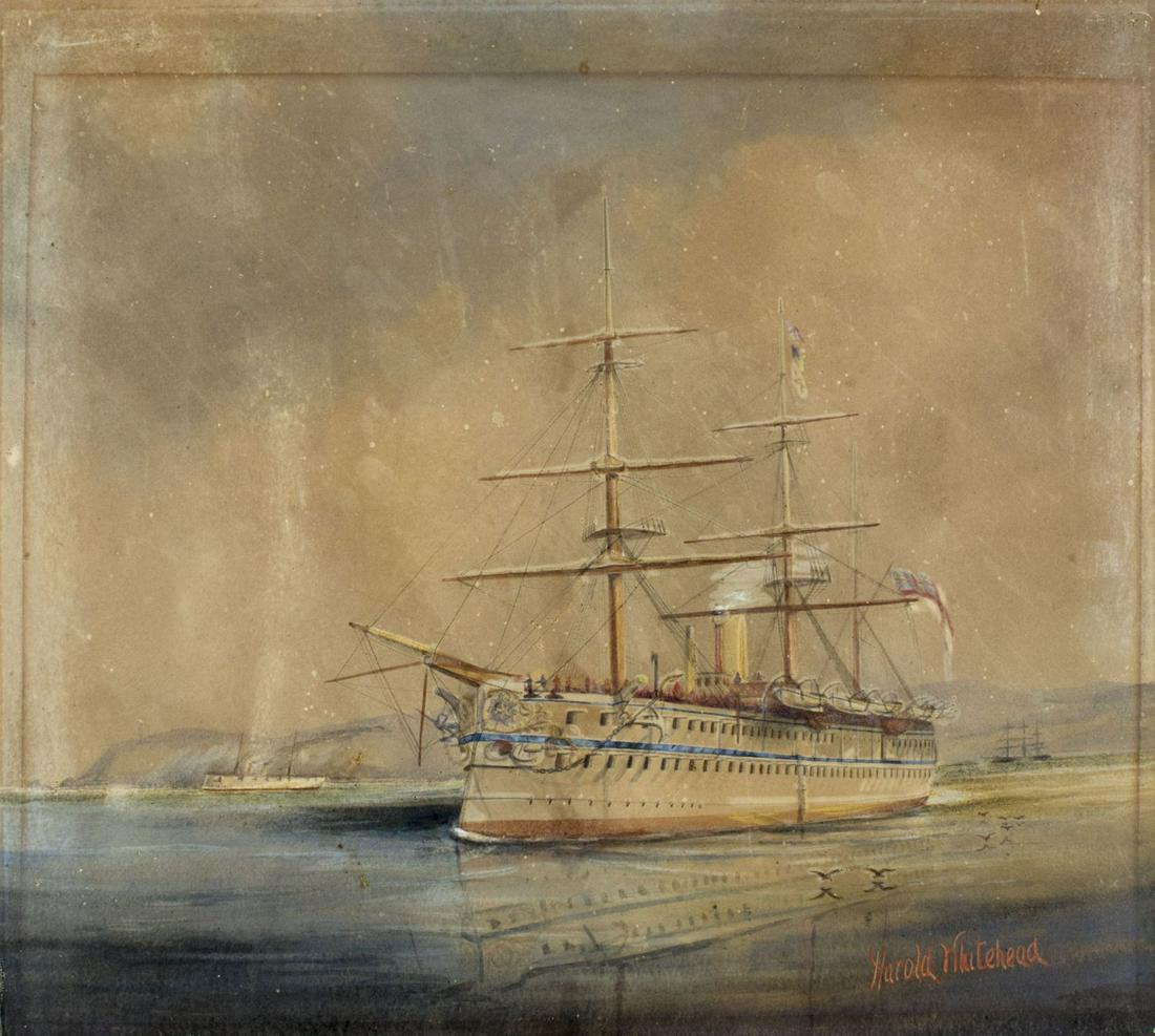 Harold Whitehead (UK,fl 1890-1910) watercolor painting: ARTIST: Harold Whitehead (British, fl 1890 - 1910) NAME: Sail Ship MEDIUM: watercolor on heavy paper CONDITION: Some age toning. Normal wear to edges. SIGHT SIZE: 15 x 17 inches / 38 x 43 cm FRAME SIZ