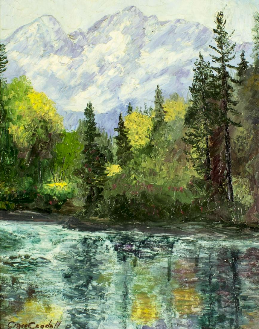 Grace Goodall (CA,mid 20C) oil painting: ARTIST: Grace Goodall (California, mid 20 century) NAME: Landscape - Tetons and Snake River (titled on verso) YEAR: 1972 MEDIUM: oil on canvas CONDITION: Missing one flake of paint. No visible inpaint