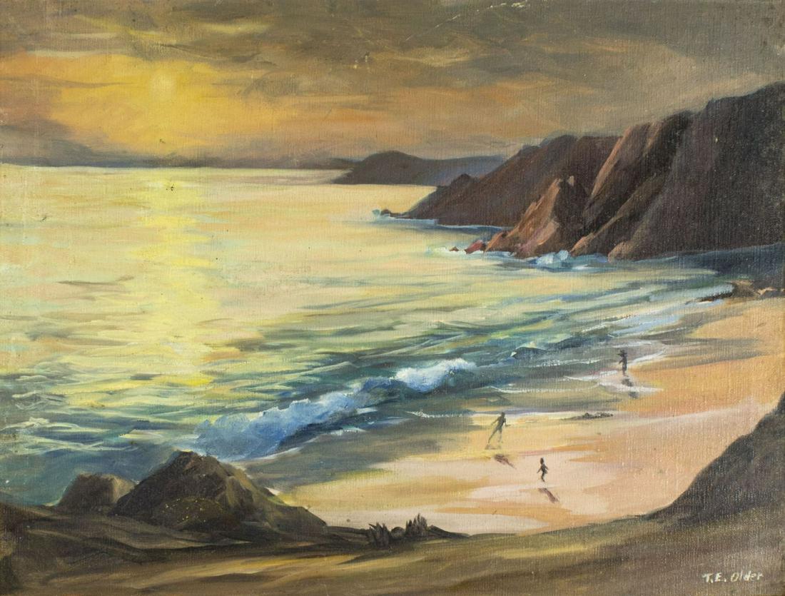 T E Older (US,20C) oil painting: ARTIST: T E Older (American, 20 century) NAME: Sunset Swimmers (titled on verso) MEDIUM: oil on canvas CONDITION: Few minor scratches. Minor craquelure. No visible inpaint under UV light SIGHT SIZE: 1