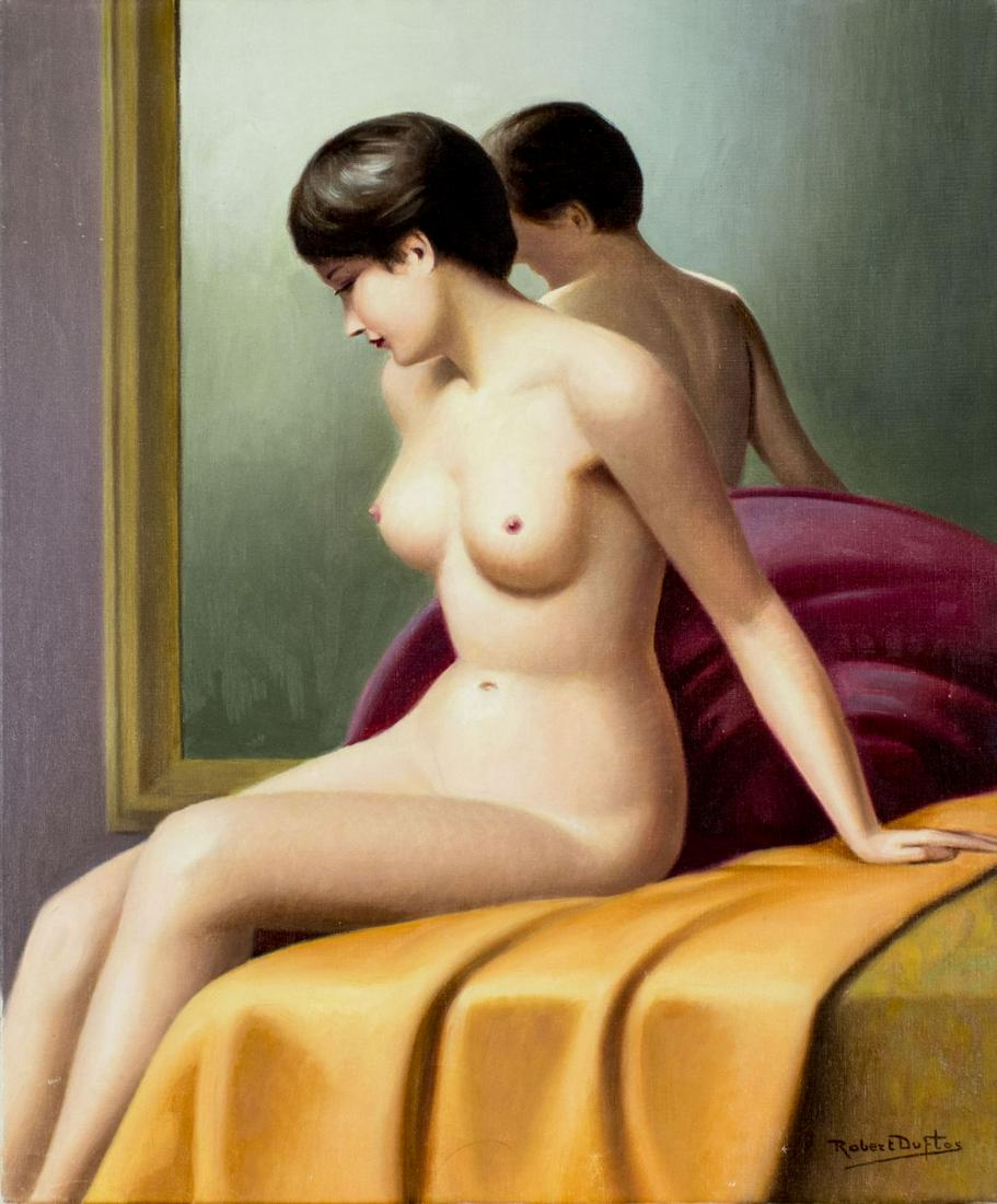 Robert Duflos (French,1898-???) oil painting: ARTIST: Robert Louis Raymond Duflos (France, 1898 - ???) NAME: Seated Nude MEDIUM: oil on canvas CONDITION: Restretched. Few very minor scratches. No visible inpaint under UV light. SIGHT SIZE: 22 x 1