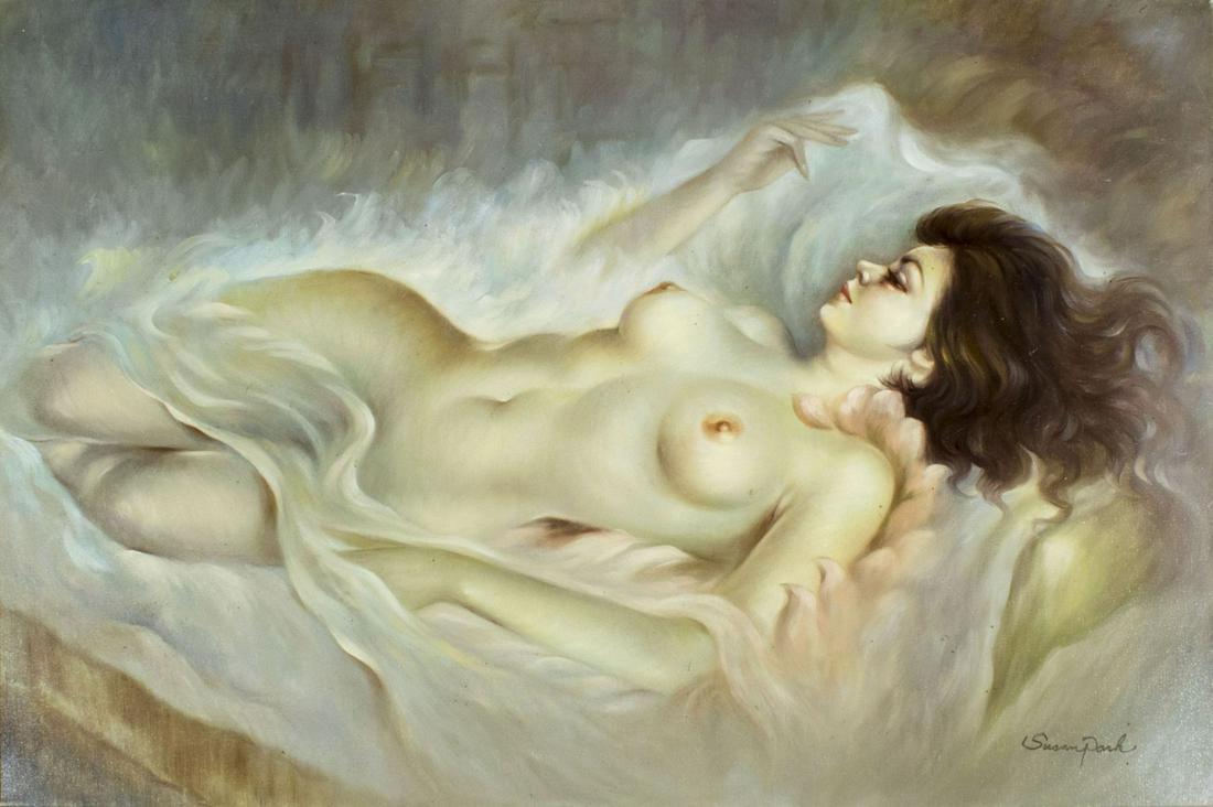 Susan Park (US,20C) oil painting: ARTIST: Susan Park (American, 20 century) NAME: Reclining Nude MEDIUM: oil on canvas CONDITION: Very good. No visible inpaint under UV light. SIGHT SIZE: 24 x 36 inches / 60 x 91 cm FRAME SIZE: 29 x 4