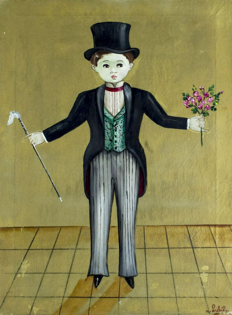 Agapito Labios (Mexico,1898-1996) oil painting: ARTIST: Agapito Labios (Mexican, 1898 - 1996) NAME: Boy with Cane and Flowers MEDIUM: oil on canvas CONDITION: Few very minor paint losses. Minor craquelure. Minor scattered inpainting on background.