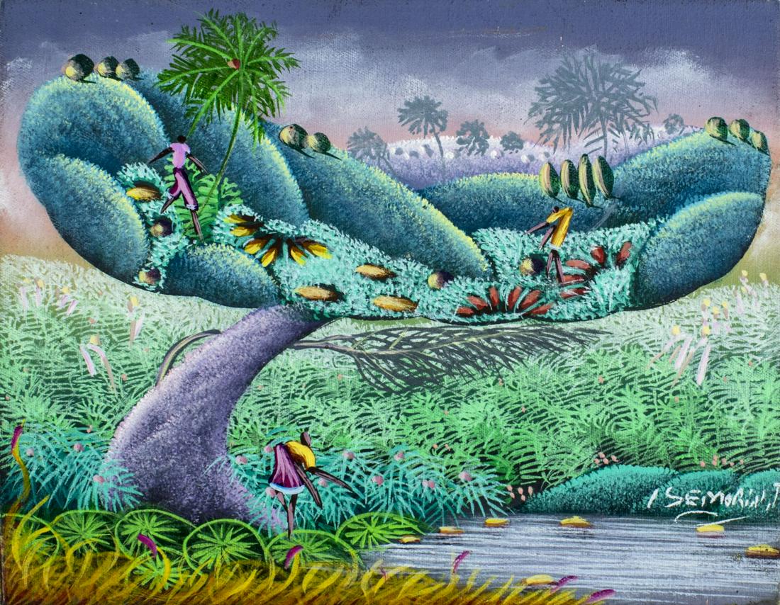 I Semorin (Haiti,20C) oil painting antique: ARTIST: I Semorin (Haitian, 20 century) NAME: Haitian Landscape MEDIUM: oil on canvas CONDITION: Very good. No visible inpaint under UV light. SIGHT SIZE: 8 x 10 inches / 20 x 25 cm FRAME SIZE: unfram