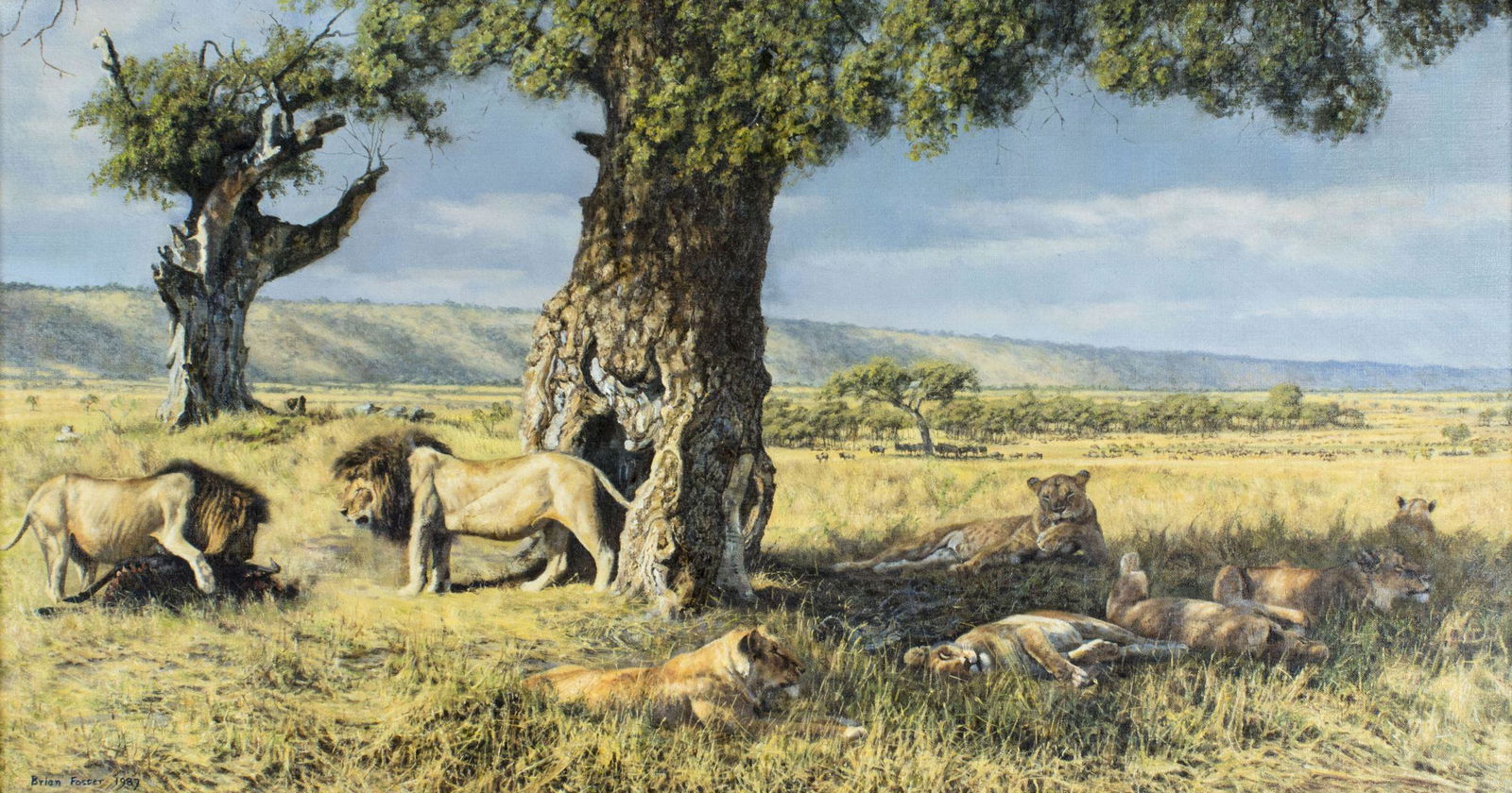 Brian Foster (CA,20C) oil painting: ARTIST: Brian Foster (California, 20 century) NAME: Lions in the Serengeti YEAR: 1987 MEDIUM: oil on canvas CONDITION: Very good. No visible inpaint under UV light. Wear to frame. SIGHT SIZE: 16 x 30