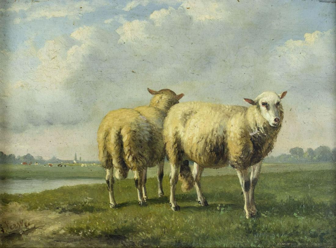 Alfred Jacques Verwee (Belgium,1838-1895) oil painting: ARTIST: Alfred Jacques Verwee (Belgian, 1838 - 1895) NAME: Sheep in Pasture MEDIUM: oil on board CONDITION: Very good. Minor craquelure. Few tiny inpaint touch ups. SIGHT SIZE: 6 x 8 inches / 15 x 20 