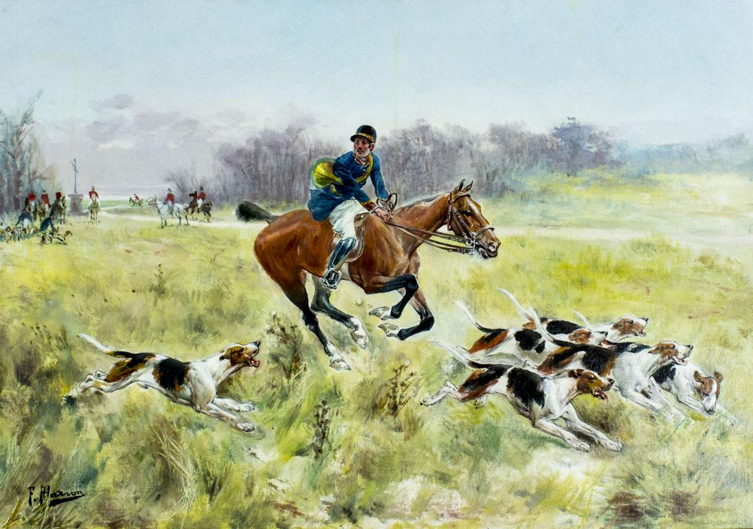 Felix Alarcon (Spain,1840-1905) oil painting antique: ARTIST: Felix Antonio De Alarcon Brenes (Spanish, c 1840-1905) NAME: Fox Hunting Scene MEDIUM: oil on canvas CONDITION: Relined and restretched by Chicago conservation center in 1996. Has professional