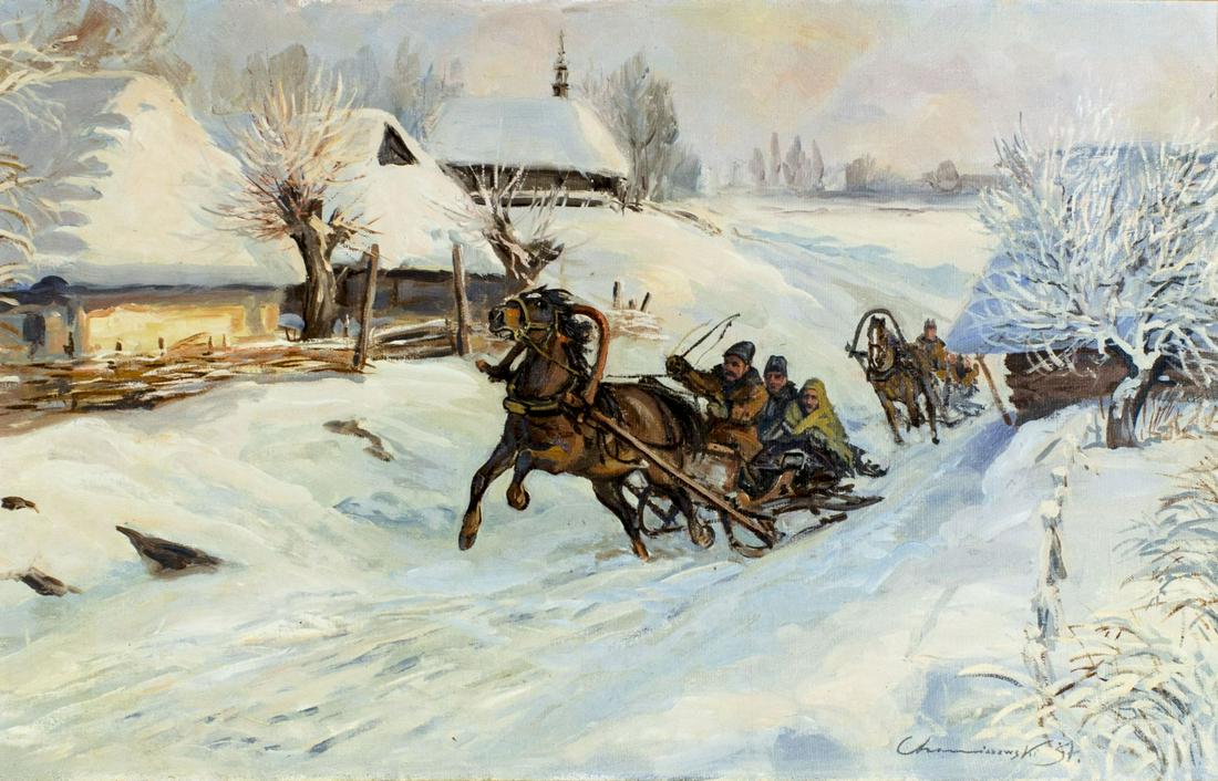 Polish 20C oil painting signed: ARTIST: - (Poland, 20 century) NAME: Horse Drawn Sleighs in Snow MEDIUM: oil on canvas CONDITION: Very good. No visible inpaint under UV light. SIGHT SIZE: 18 x 28 inches / 45 x 71 cm FRAME SIZE: 24 x