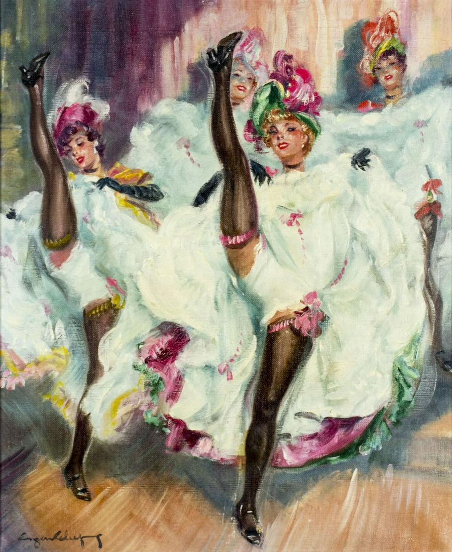 Eugene Lelievre (French,1856-1945) oil painting: ARTIST: Eugene Lelievre (France, 1856 - 1945) NAME: Can Can Dancers MEDIUM: oil on canvas CONDITION: One puncture repaired with patch and small inpainting. Wear to frame. SIGHT SIZE: 18 x 15 inches /