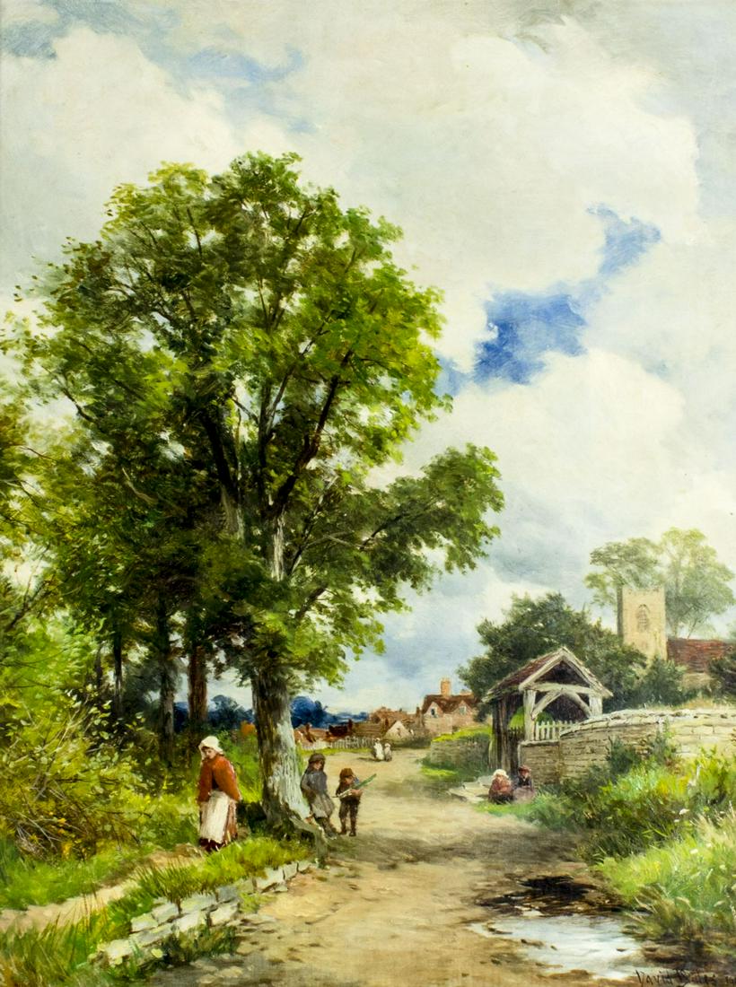 David Bates (UK,1840-1921) oil painting antique: ARTIST: David Bates (British, 1840 - 1921) NAME: Landscape - The Lynch-Gate, Valley of the Avon, Warwick (titled on verso) YEAR: 1908 MEDIUM: oil on canvas CONDITION: Missing few flakes of paint. No v