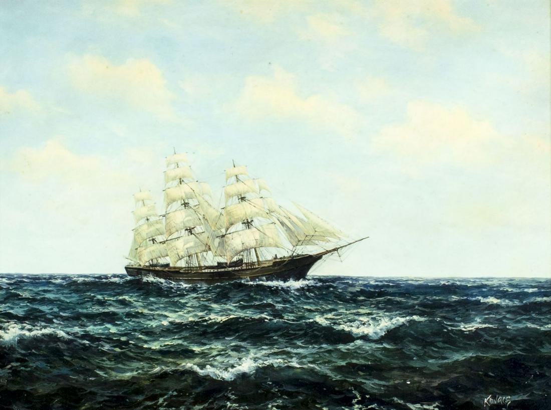 Kovacs (US,20C) oil painting: ARTIST: Kovacs (American,20 century) NAME: Sail Ship MEDIUM: oil on board CONDITION: Very good. No visible inpaint under UV light. SIGHT SIZE: 12 x 16 inches / 30 x 40 cm FRAME SIZE: 21 x 25 inches /
