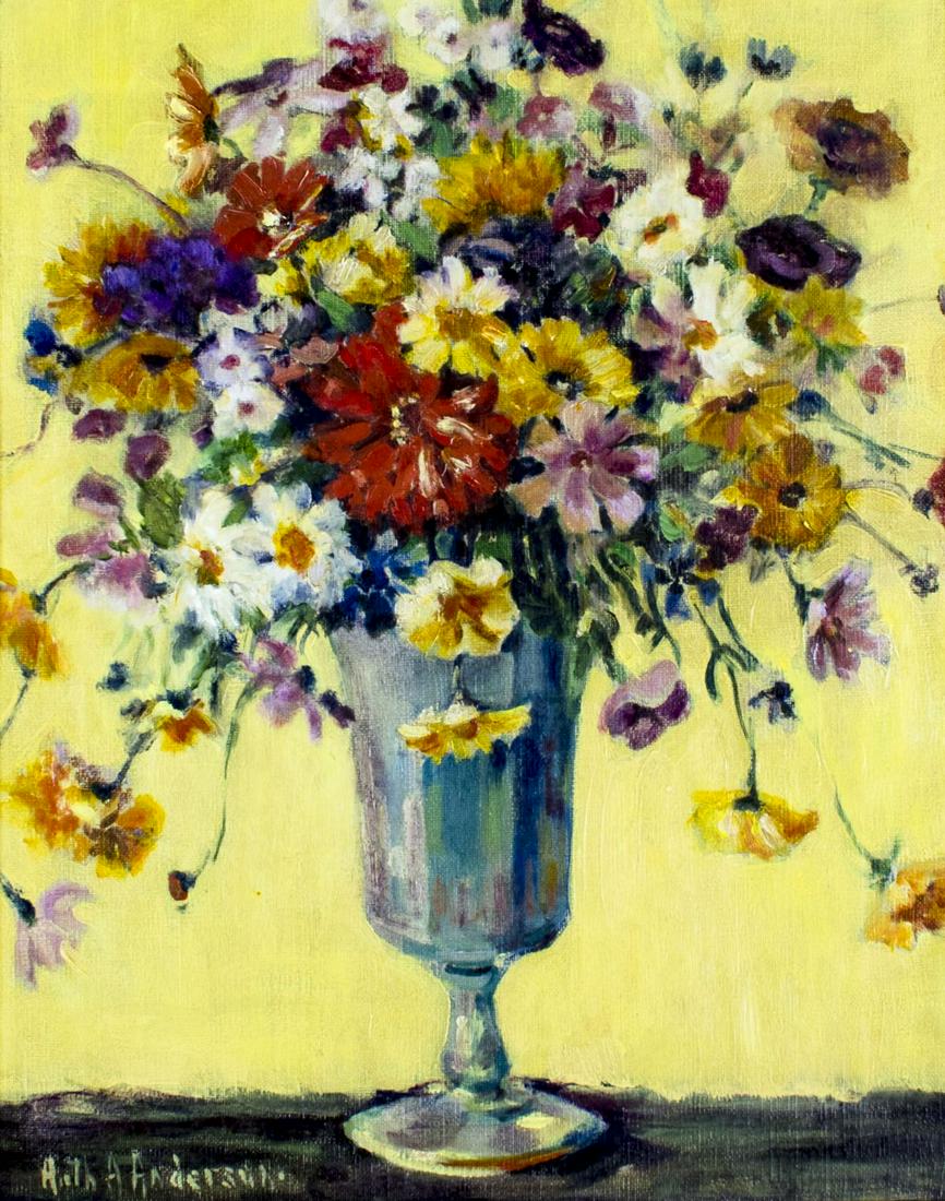 Ruth Temple Anderson (MA,MD,1891-1957) oil painting: ARTIST: Ruth A Temple Anderson (Massachusetts, Maryland, 1891 - 1957) NAME: Still Life - Opalescent Vase YEAR: circa 1927 MEDIUM: oil on canvas CONDITION: One patch repair with minor inpainting. Wear 
