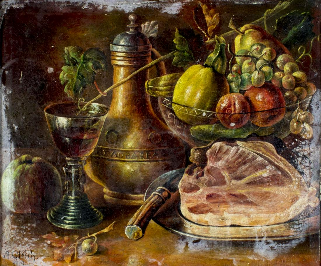 Amy G Ulrich (WA,?-1966) oil painting antique: ARTIST: Amy G Ulrich (Washington, ? - 1966) NAME: Still Life with Fruits and Ham YEAR: 1919 MEDIUM: oil on board CONDITION: Good. Some white plaque, mostly along the edges. Minor craquelure. No visibl