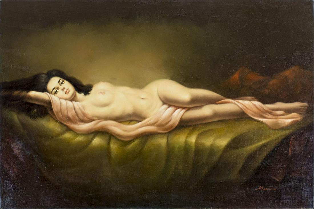 Morino (US,20C) oil painting: ARTIST: Morino (American, 20 century) NAME: Reclining Nude MEDIUM: oil on canvas CONDITION: Minor craquelure. No visible inpaint under UV light. SIGHT SIZE: 24 x 36 inches / 60 x 91 cm FRAME SIZE: unf