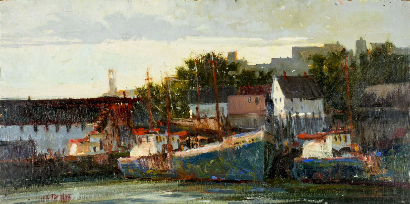 John Terelak (NY,MA,b 1942) oil painting: ARTIST: John Terelak (New York, Massachusetts, born 1942) NAME: Harbor Scene MEDIUM: oil on board CONDITION: Very good. Light surface wear. No visible inpaint under UV light. SIGHT SIZE: 12 x 24 inche