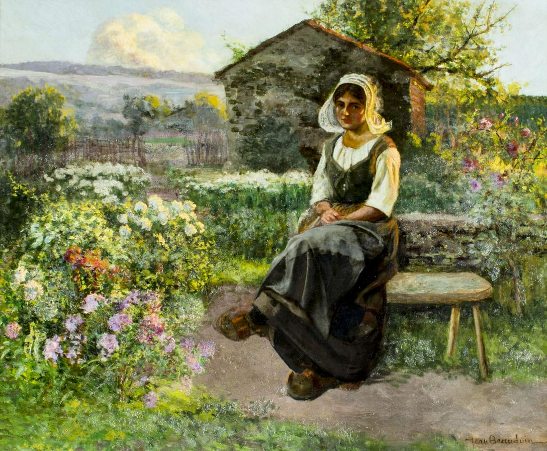 Jean Beauduin (French,Belgian,1851-1916) oil painting: ARTIST: Jean Beauduin (France, Belgium, 1851 - 1916) NAME: Garden Scene MEDIUM: oil on canvas CONDITION: Relined. Some craquelure. Some scattered inpaintings. SIGHT SIZE: 24 x 29 inches / 60 x 73 cm F