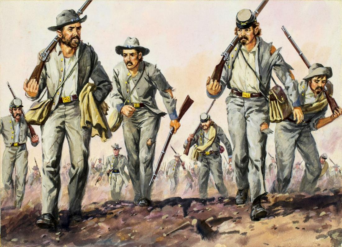 Anton Kurka (Austria,FL,TN,1939-1990) watercolor: ARTIST: Anton Kurka (Austrian, Florida, Tennessi, 1939 - 1990) NAME: Civil War Confederate Soldiers YEAR: circa 1968 MEDIUM: watercolor and gouache on board CONDITION: Very good SIGHT SIZE: 7 x 10 inc