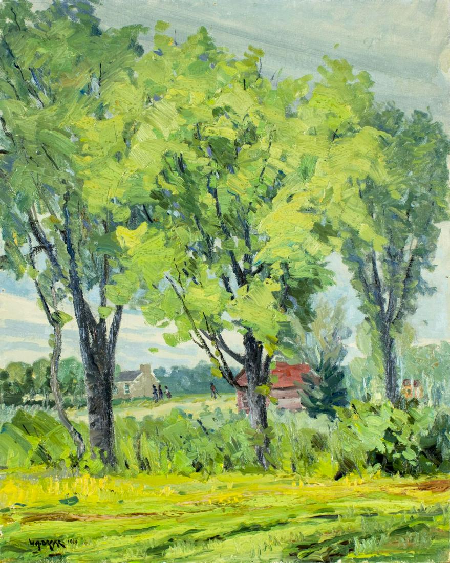 William A Drake (Canada,1891-1979) oil painting: ARTIST: William Alexander Drake (Canadian, 1891 - 1979) NAME: Landscape with Red House YEAR: 1964 MEDIUM: oil on canvas board CONDITION: Very good. No visible inpaint under UV light. SIGHT SIZE: 20 x