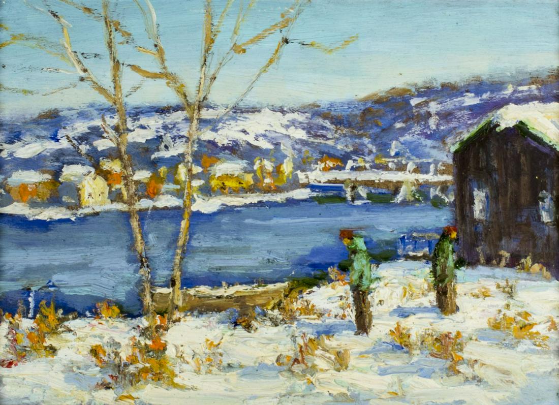 Christopher Willett (PA,b 1959) oil painting: ARTIST: Christopher G Willett (Pennsylvania, born 1959) NAME: Landscape - North End New Hope, PA (titled on verso) MEDIUM: oil on board CONDITION: Very good. No visible inpaint under UV light. SIGHT S