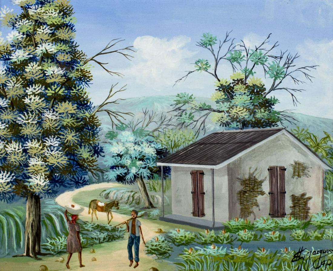 Eddy Jacques (Haiti,b 1957) oil painting: ARTIST: Eddy Jacques (Haitian, born 1957) NAME: Haitian Landscape MEDIUM: oil on board CONDITION: Very good. No visible inpaint under UV light. SIGHT SIZE: 8 x 10 inches / 20 x 25 cm FRAME SIZE: 12 x 