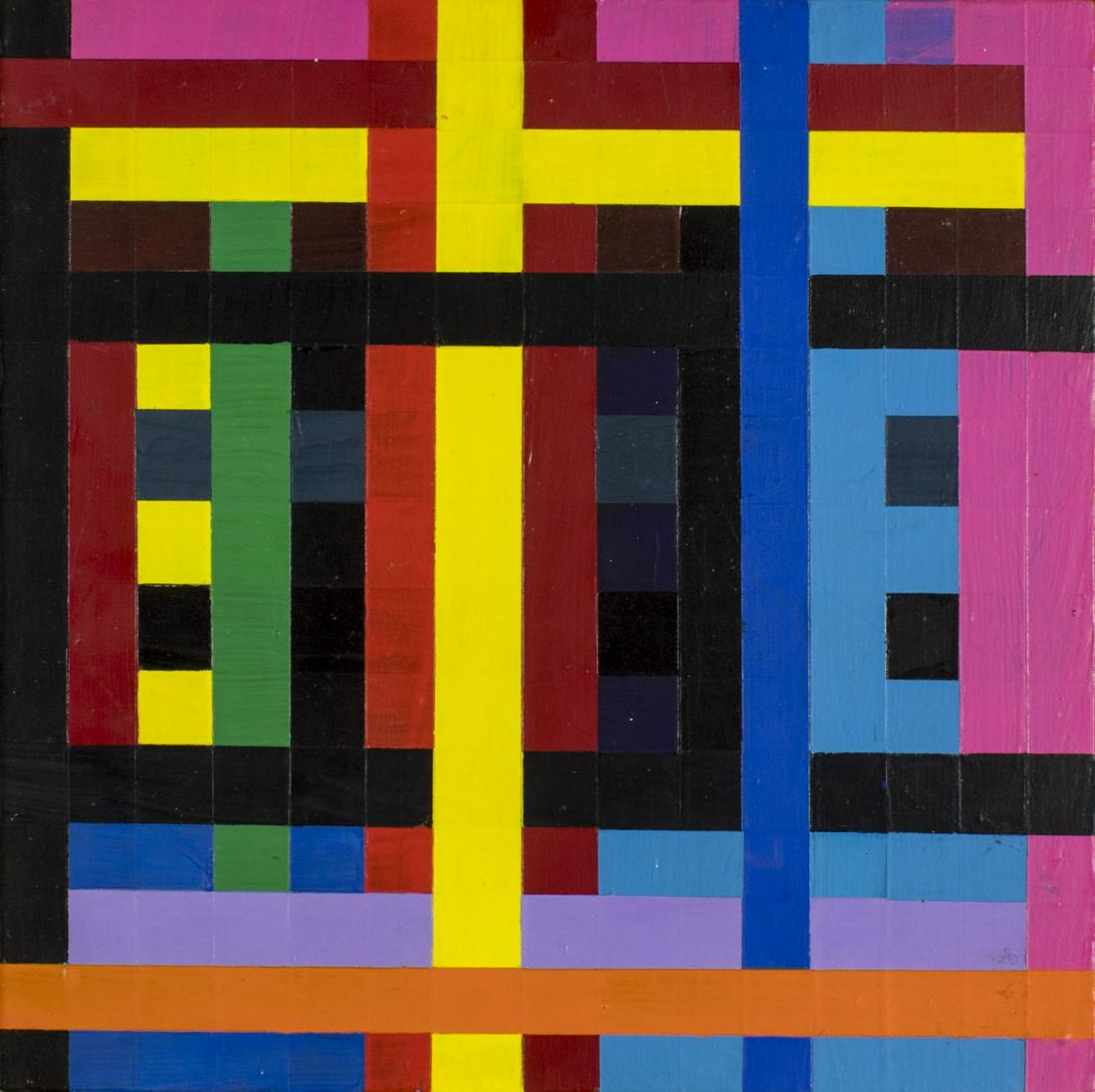 Gary Lang (NY,CA,b 1950) acrylic painting: ARTIST: Gary Lang (New York, California, born 1950) NAME: Navigator (titled on verso) YEAR: 1993 MEDIUM: acrylic on board CONDITION: Very good. No visible inpaint under UV light. Wear to frame. SIGHT