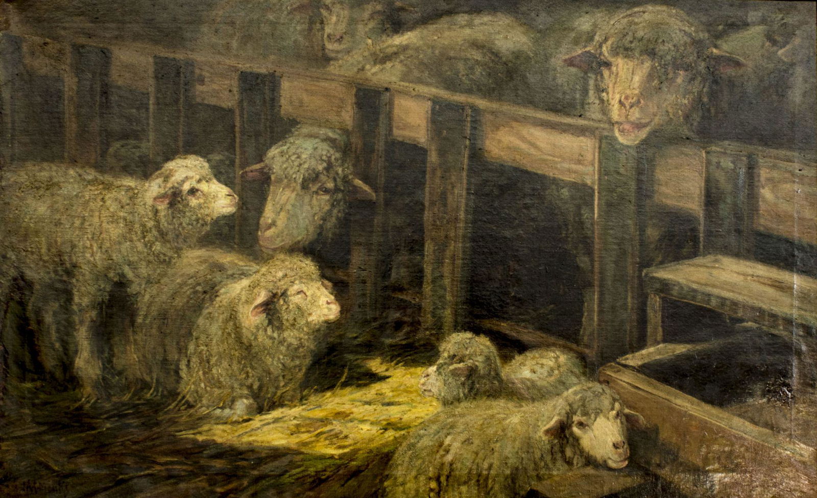 John Monks (MA,IL,1850-1917) oil painting antique: ARTIST: John Austin Sands Monks (Massachusetts, Illinois, 1850 - 1917) NAME: Lambs and Ewes in the Fold MEDIUM: oil on canvas CONDITION: One patch. Very minor craquelure. Few scattred inpaintings (big