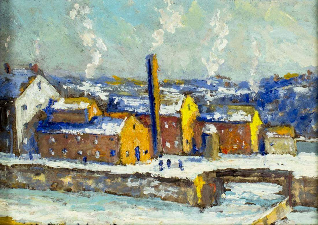 Christopher Willett (PA,b 1959) oil painting: ARTIST: Christopher G Willett (Pennsylvania, born 1959) NAME: Winter Cityscape - Mill, New Hope, Bucks County (titled on verso) MEDIUM: oil on board CONDITION: Excellent. No visible inpaint under UV l