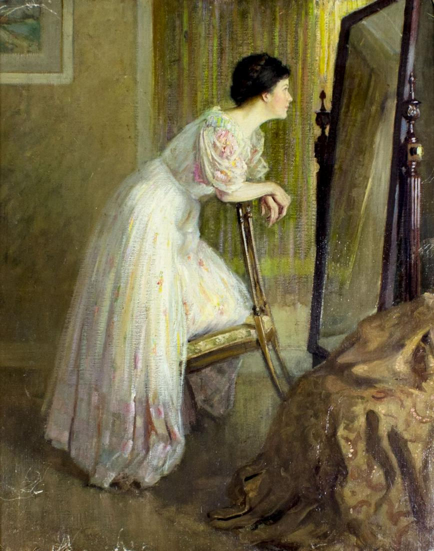Abbott Fuller Graves (MA,ME,1859-1936) oil painting: ARTIST: Abbott Fuller Graves (Massachusetts, Maine, 1859 - 1936) NAME: Lady at Mirror MEDIUM: oil on canvas. Canvas applied to board. CONDITION: Some scratches mostly along upper left and lower left c