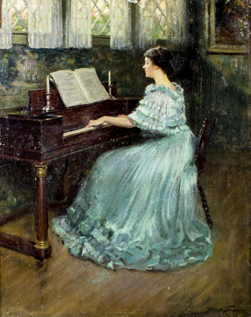 Abbott Fuller Graves (MA,ME,1859-1936) oil painting: ARTIST: Abbott Fuller Graves (Massachusetts, Maine, 1859 - 1936) NAME: Woman Playing Piano MEDIUM: oil on canvas. Canvas applied to board. CONDITION: Some damages to canvas along upper edge (see pictu