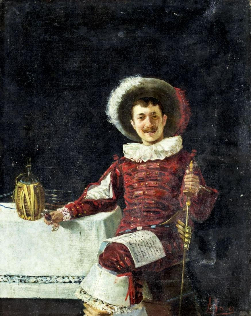 Adolfo Bacci (Italy,1856-1897) oil painting antique: ARTIST: Adolfo Bacci (Italian, 1856 - 1897) NAME: Musketeer Drinking Wine MEDIUM: oil on canvas CONDITION: One puncture. No visible inpaint under UV light. SIGHT SIZE: 11 x 9 inches / 27 x 22 cm FRAME