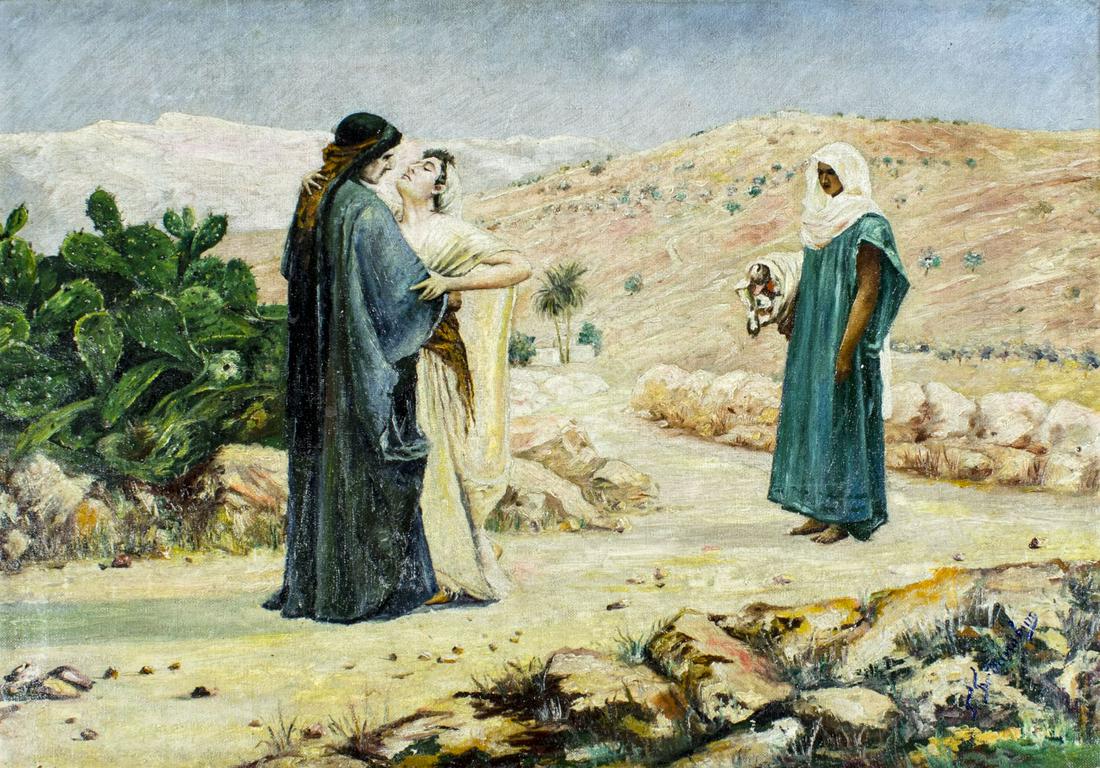 Antique 19C European oil painting: ARTIST: - (Europe, 19 century) NAME: Ruth and Naomi YEAR: 19 century MEDIUM: oil on canvas CONDITION: Would benefit from cleaning. Very minor craquelure. No visible inpaint under UV light. SIGHT SIZE: