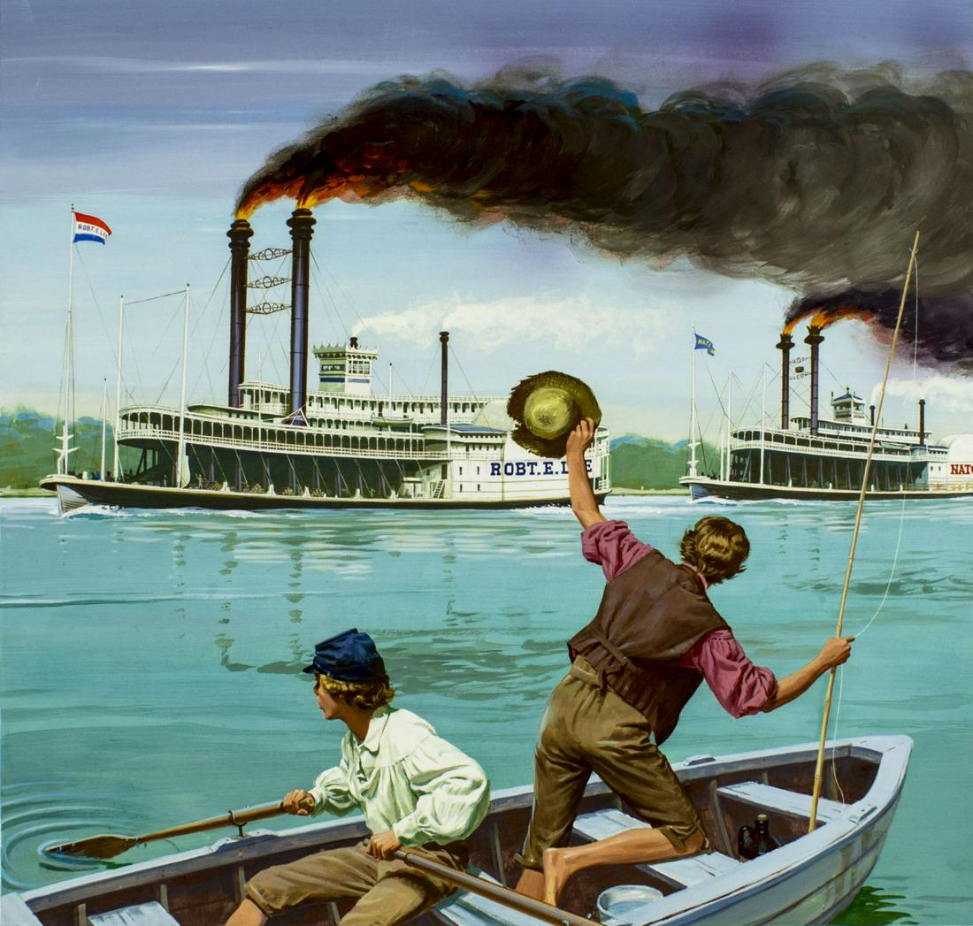 Edward Vebell (IL,1921-2018) gouache painting: ARTIST: Edward T Vebell (Illinois, 1921-2018) NAME: Illustration - Steamboat Race YEAR: 1979 MEDIUM: gouache on board CONDITION: Excellent. SIGHT SIZE: 20 x 21 inches / 50 x 53 cm BOARD SIZE: 26 x 27