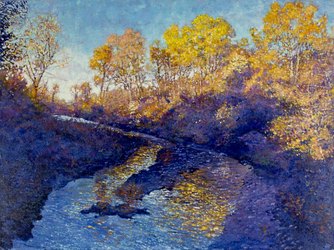 Tim Saska (TX,1935-2006) acrylic painting: ARTIST: Tim Saska (Texas, 1935 - 2006) NAME: Landscape - Honey Creek: Dawn (titled on verso) MEDIUM: acrylic on canvas CONDITION: Very good. No visible inpaint under UV light. SIGHT SIZE: 30 x 40 inch