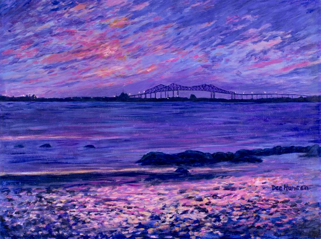 Deanna Hansen (OR,CA,20/21C) oil painting: ARTIST: Deanna Dee Hansen Burpee (Oregon, California, 20/21 century) NAME: Landscape - Sunset over the Cooper River (titled on verso) MEDIUM: oil on canvas CONDITION: Very good. No visible inpaint und