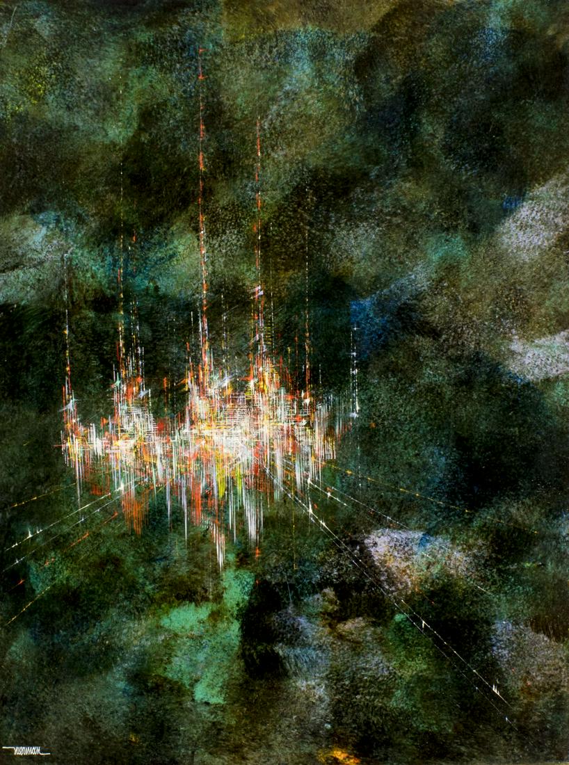 Leonardo Nierman (NY,Mexican,b 1932) acrylic painting: ARTIST: Leonardo Nerman (New York, Mexico, born 1932) NAME: Floating City (titled on verso) MEDIUM: acrylic on board CONDITION: Very good. No visible inpaint under UV light. SIGHT SIZE: 32 x 24 inches