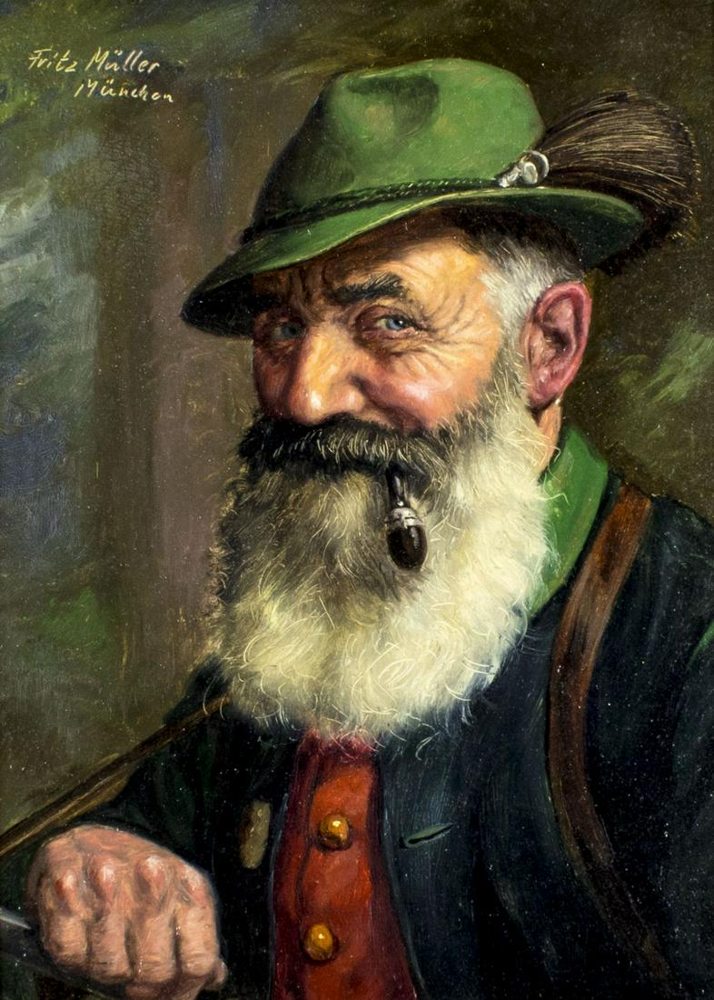 Fritz Muller (German,1913-1972) oil painting: ARTIST: Fritz Muller (Germany, 1913 - 1972) NAME: Portrait of Bavarian Man with Pipe MEDIUM: oil on board CONDITION: Very good. No visible inpaint under UV light. SIGHT SIZE: 9 x 7 inches / 22 x 17 cm
