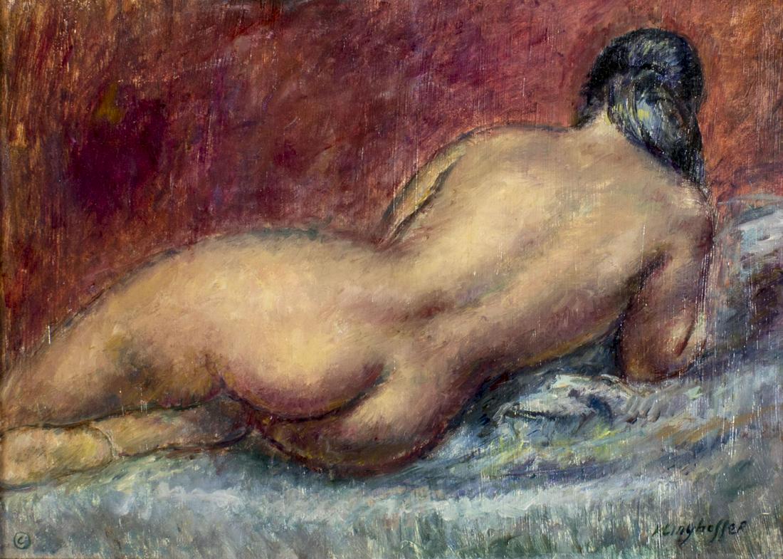 Clara Klinghoffer (NY,UK,Austria,1900-1970) oil: ARTIST: Clara Klinghoffer (New York, United Kingdom, Austria, 1900 - 1970) NAME: Reclining Nude MEDIUM: oil on board CONDITION: Very good. No visible inpaint under UV light. SIGHT SIZE: 10 x 14 inches