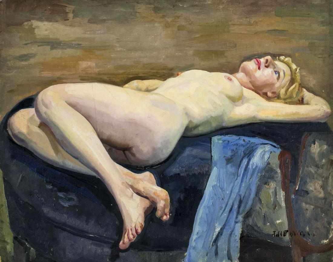 John Beatty Newman (Canada,b 1933) oil painting: ARTIST: John Beatty Newman (Canadian, born 1933) NAME: Nude MEDIUM: oil on canvas board CONDITION: Some damages to corners. No visible inpaint under UV light. SIGHT SIZE: 16 x 20 inches / 40 x 50 cm F