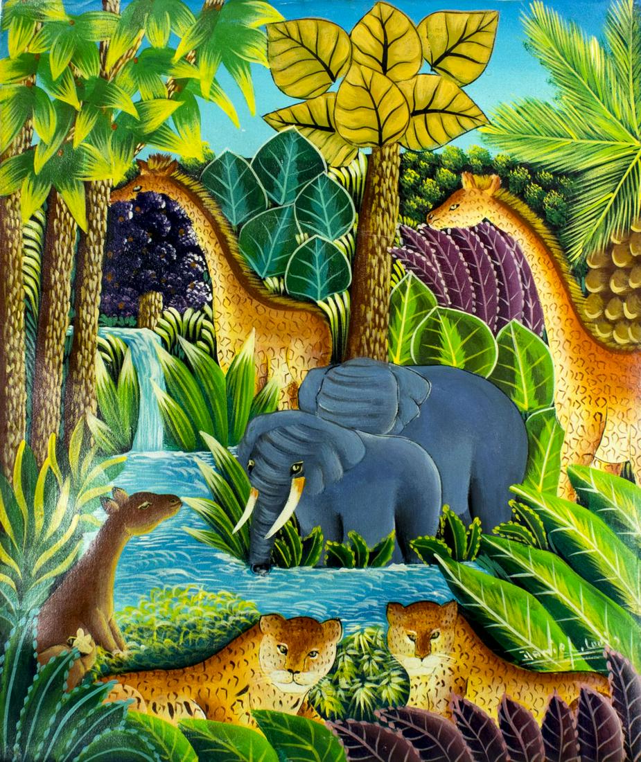 Daniel Louis (Haiti,b 1955) oil painting: ARTIST: Daniel Louis (Haitian, born 1955) NAME: Haitian Landscape MEDIUM: oil on canvas CONDITION: Unstretched. Minor craquelure. No visible inpaint under UV light. SIGHT SIZE: 24 x 20 inches / 60 x 5