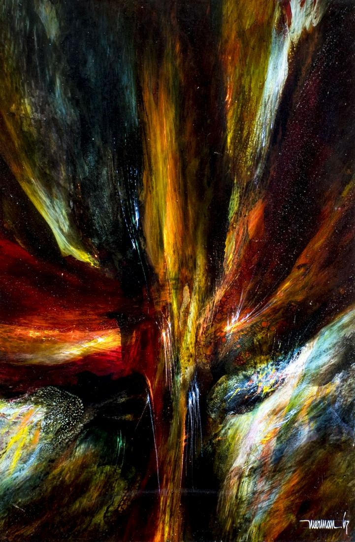 Leonardo Nierman (NY,Mexican,b 1932) acrylic painting: ARTIST: Leonardo Nerman (New York, Mexico, born 1932) NAME: Bird of Paradise (titled on verso) YEAR: 1967 MEDIUM: acrylic on board CONDITION: Very good. No visible inpaint under UV light. Minor damage