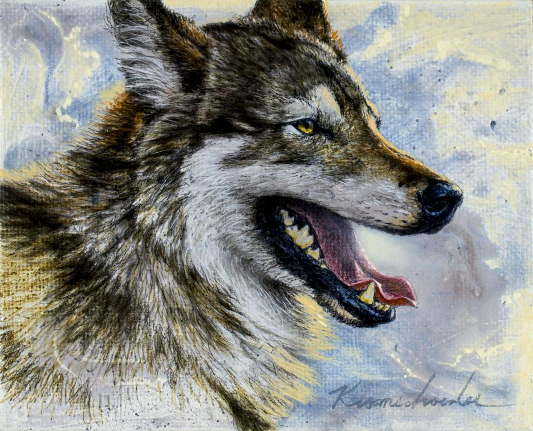 Lee Kromschroeder (CA,20C) oil painting: ARTIST: Lee Kromschroeder (California, 20 century) NAME: Wolf MEDIUM: oil on canvas board CONDITION: Excellent. No visible inpaint under UV light. SIGHT SIZE: 4 x 5 inches / 10 x 12 cm FRAME SIZE: unf
