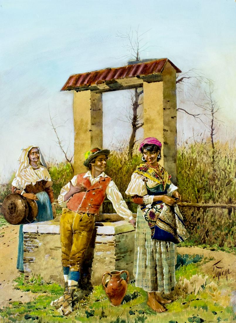 Filippo Indoni Jr (Italy,1842-1908) oil painting: ARTIST: Filippo Indoni (Italian, 1842 - 1908) NAME: Country Scene MEDIUM: oil on board CONDITION: Minor damages to edges. No visible inpaint under UV light. SIGHT SIZE: 26 x 19 inches / 66 x 48 cm FRA