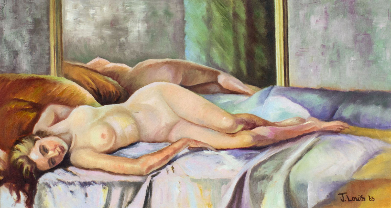 J Louis (US,20C) oil painting: ARTIST: J Louis (American, 20 century) NAME: Reclining Nude YEAR: 1963 MEDIUM: oil on canvas CONDITION: Missing few flakes of paint. No visible inpaint under UV light. SIGHT SIZE: 15 x 28 inches / 38 