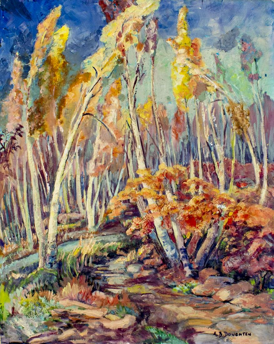 Alice Doughten (NJ,1880-1969) oil painting: ARTIST: Alice Browning Doughten (New Jersey, 1880 - 1969) NAME: Landscape - Autumn Birches MEDIUM: oil on canvas board CONDITION: Some paint losses. Some scattered inpaintings. SIGHT SIZE: 20 x 16 inc